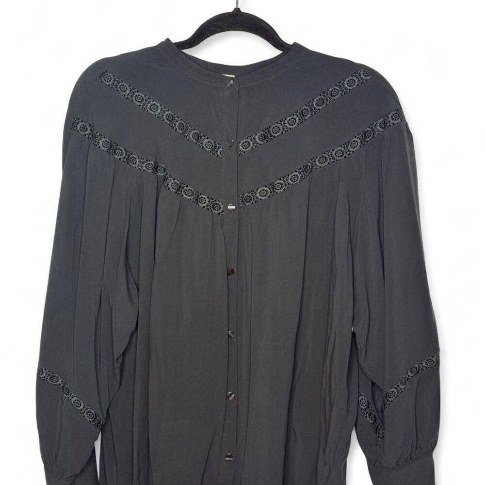 Joie Charcoal Black Lace Inset Boho Button Front Long Sleeve Blouse XL NWOT